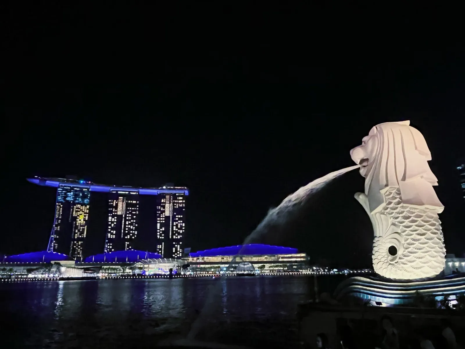 Illuminated lion-fish fountain spouting water across a night bay.