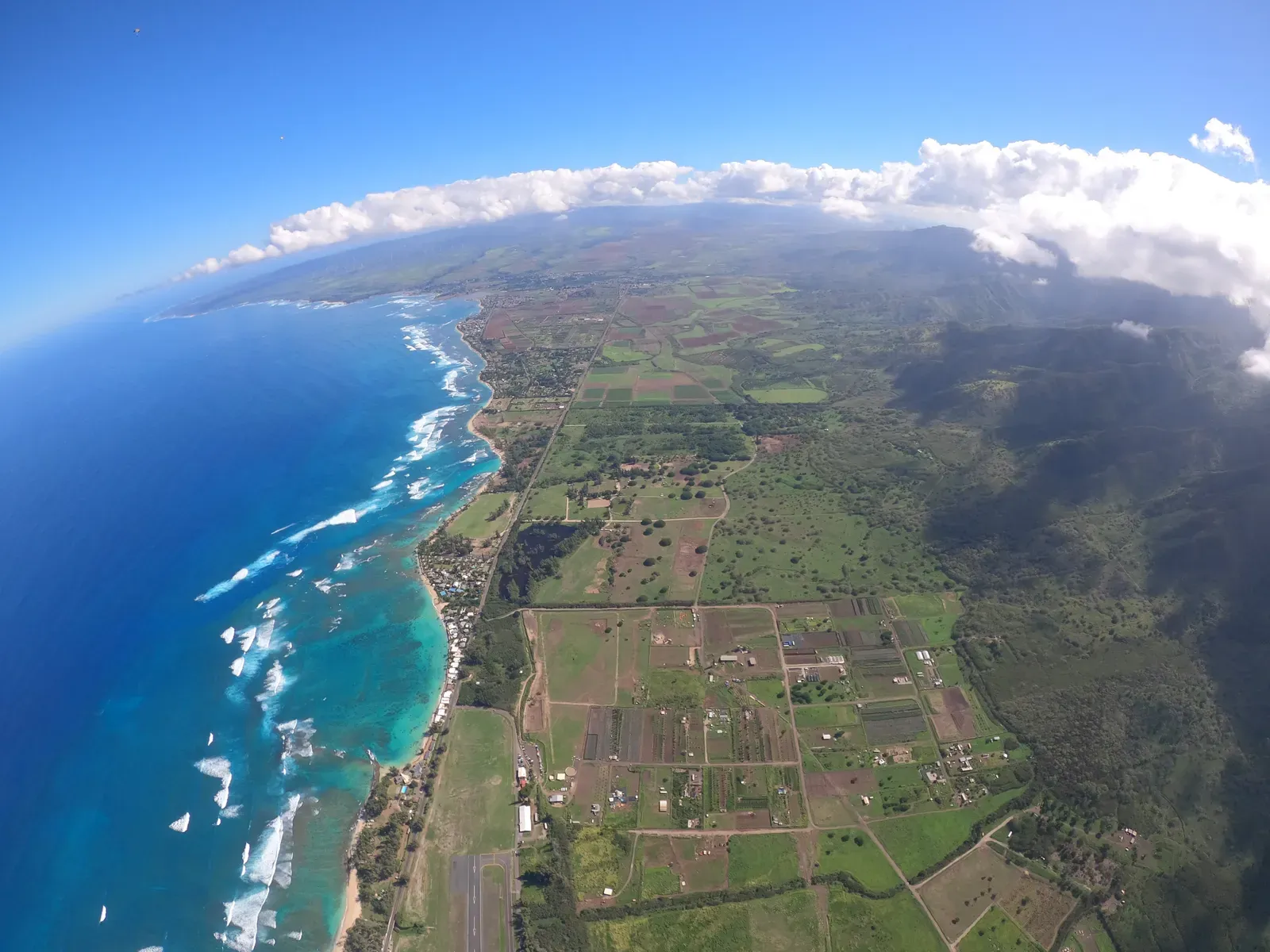 Curved coastline and patchwork farmland seen from far above.